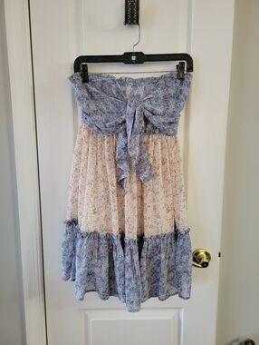 Entro Floral Strapless Tiered Mini Dress with Front Tie Bow Size Small Coquette